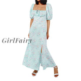 Girlfairy Women Dress Short Sleeve Square Neck Ruffle Floral Wrapped Party Slimming Pleated Side