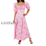 Girlfairy Women Dress Short Sleeve Square Neck Ruffle Floral Wrapped Party Slimming Pleated Side