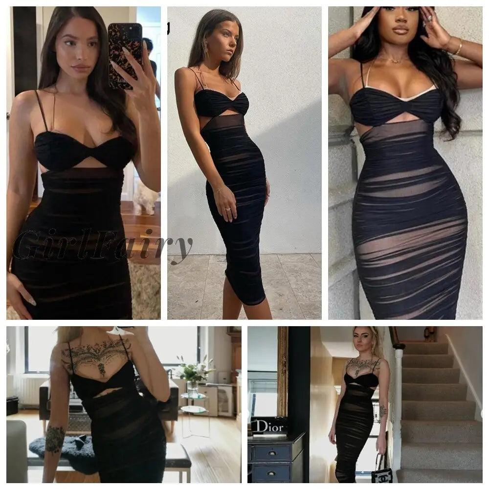 Girlfairy Women Dresses Summer Bodycon Dress Black Ruched Midi Sexy Mesh Halter For Evening Party