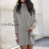 Girlfairy Women Fashion Turtleneck Straight Pullover Dress Autumn Basic Long Sleeve Streetwear Solid