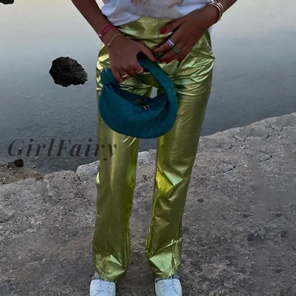 Girlfairy Women High Waist Skinny Pants Y2K Sexy Neon Green Casual Bodycon Straight Trousers 2023