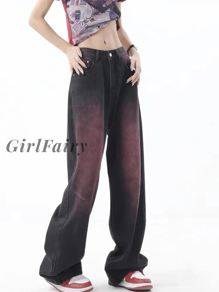 Girlfairy Women Jeans Vintage Wide Leg High Waist Baggy Purple Jean Pants Y2K Streetwear Harajuku