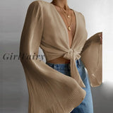 Girlfairy Women Long Flared Sleeves Tied Up Front Crop Tops Chic New Solid Color Deep V Neck Slim