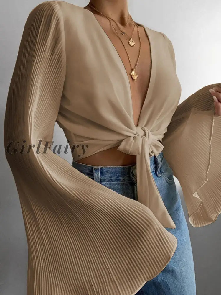 Girlfairy Women Long Flared Sleeves Tied Up Front Crop Tops Chic New Solid Color Deep V Neck Slim