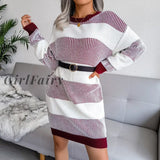 Girlfairy Women Long Sleeve Knitted Sweater Dress Casual Loose Red Mini Party Dresses Elegant Autumn