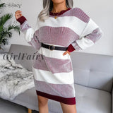 Girlfairy Women Long Sleeve Knitted Sweater Dress Casual Loose Red Mini Party Dresses Elegant Autumn