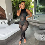 Girlfairy Women Mesh Patchwork Sleeveless Jumpsuit Sexy Flocking One Piece Overalls Bodycon Rompers