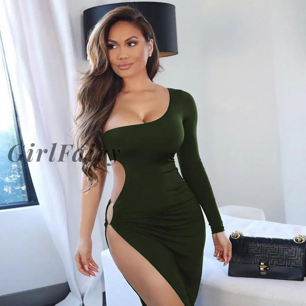 Girlfairy Women Midi Dress Elegant Hollow Out One Shoulder Side Slit Bodycon Sexy Party Dinner 2023