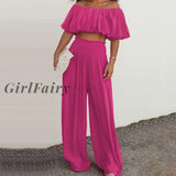 Girlfairy Women Off Shoulder High Street Outfits Elegant Slash Neck Crop Tops+High Waist Long Trousers Suit Summer Solid Color Pleated Set