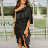 Girlfairy Women One Shoulder Dress Elegant Evening Party 2023 New Draped Casual Dresses Split Black