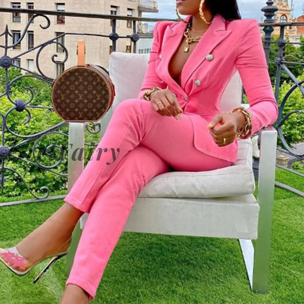Girlfairy Women Pants Suits Plus Size 2 Pieces Jacket Set High Waist Suit Office Lady Pink / Xs