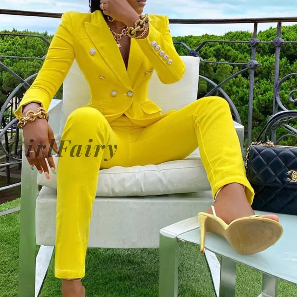 Girlfairy Women Pants Suits Plus Size 2 Pieces Jacket Set High Waist Suit Office Lady Yellow / Xs