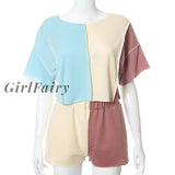 Girlfairy Women Patchwork Contrast Color T-Shirt Short Sleeve Sweatshirt Outfits Two Piece Set