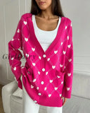 Girlfairy Women Pink Hearts Print Oversize Cardigan Autumn Button Vintage Warm Casual Office Lady