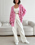 Girlfairy Women Pink Hearts Print Oversize Cardigan Autumn Button Vintage Warm Casual Office Lady
