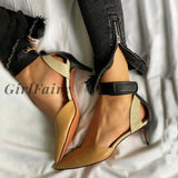 Girlfairy Women Pumps Summer Sandals Pointed Toe Color Block Pu Leather Shallow Mouth High Heels