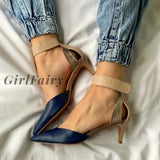 Girlfairy Women Pumps Summer Sandals Pointed Toe Color Block Pu Leather Shallow Mouth High Heels