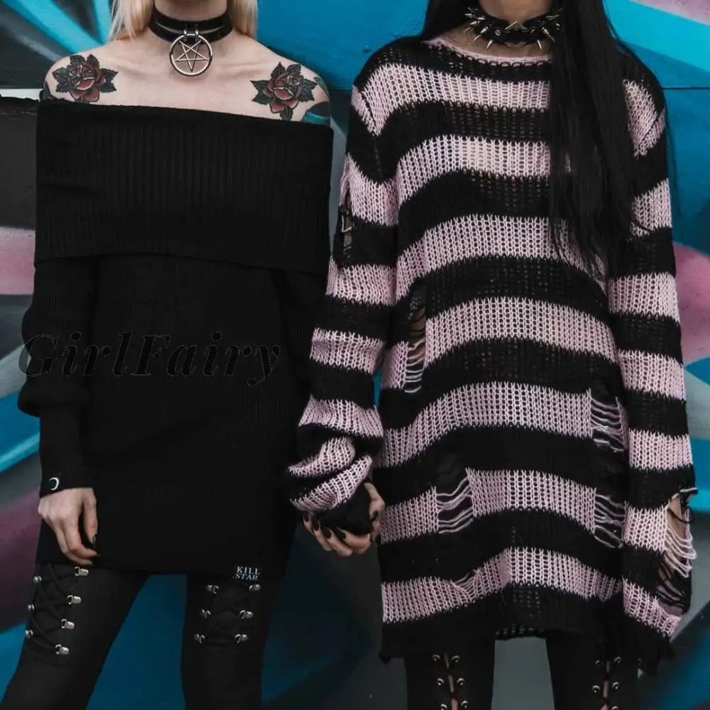 Girlfairy Women Punk Gothic Striped Hollow Out Sweater Color Block Long Sleeve Ripped Oversized