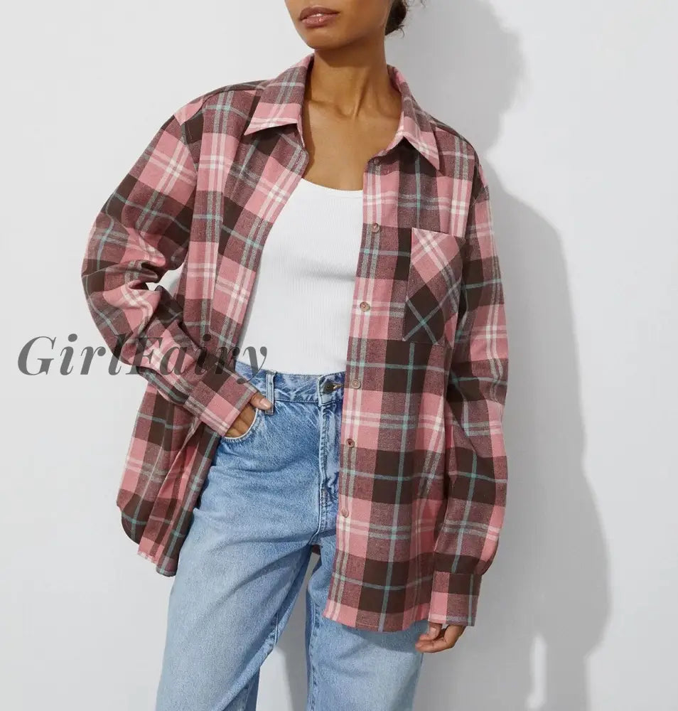 Girlfairy Women Retro Plaid Turn Down Collar Shirts Spring Autumn Office Ladies Pink Single-Breasted