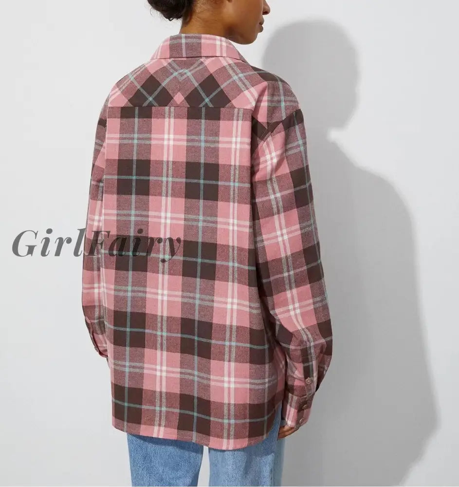 Girlfairy Women Retro Plaid Turn Down Collar Shirts Spring Autumn Office Ladies Pink Single-Breasted