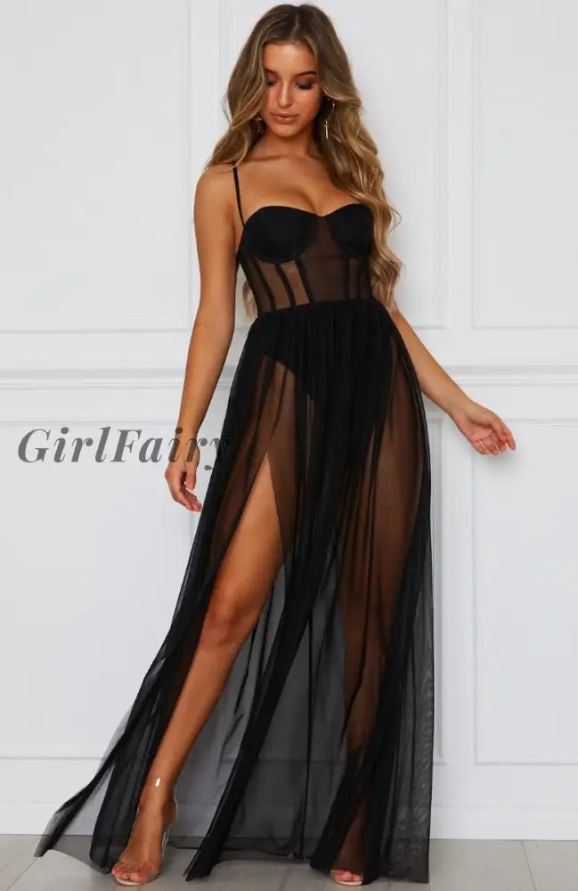 Girlfairy Women Sequin Mesh Long Sleeve Party Club Maxi Dress Sundress Black / S Dresses