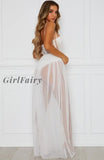 Girlfairy Women Sequin Mesh Long Sleeve Party Club Maxi Dress Sundress White / S Dresses