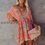 Girlfairy Women Sexy Backless Mini Printing Dress Spring Casual V Neck Holiday Outdoor Femme Flare
