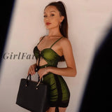 Girlfairy Women Sexy Black Mesh Patchwork Bodycon Mini Dress Spaghetti Strap Cut Out Green Lace Up