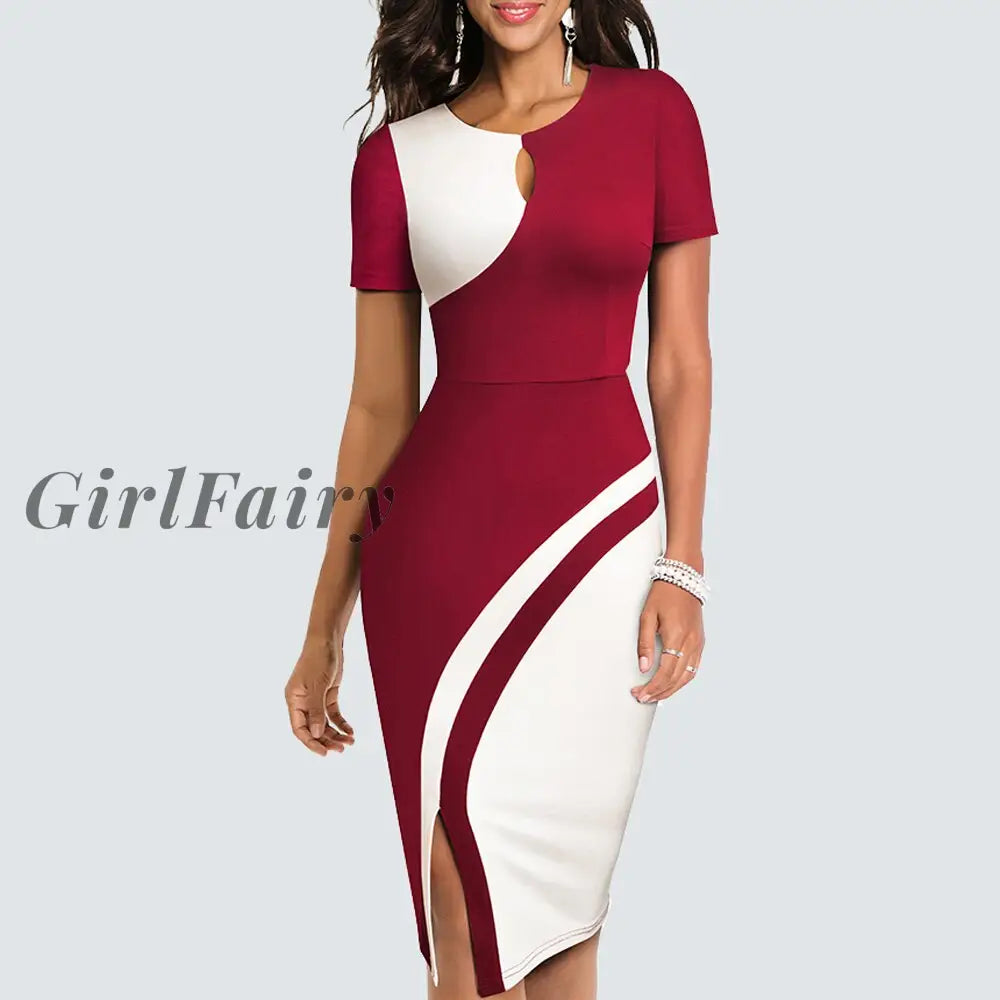 Girlfairy Women Sexy Contrast Color Elegant Bodycon Charming Patchwork Office Lady Dress Hb571 Dark