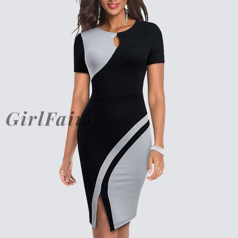 Girlfairy Women Sexy Contrast Color Elegant Bodycon Charming Patchwork Office Lady Dress Hb571