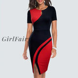 Girlfairy Women Sexy Contrast Color Elegant Bodycon Charming Patchwork Office Lady Dress Hb571 Red /