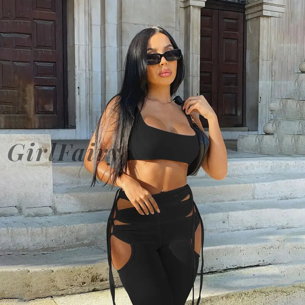 Girlfairy Women Sexy Corset Tank Top + High Waist Hollow Out Bandage Lace Up Pants Outfits Two Piece