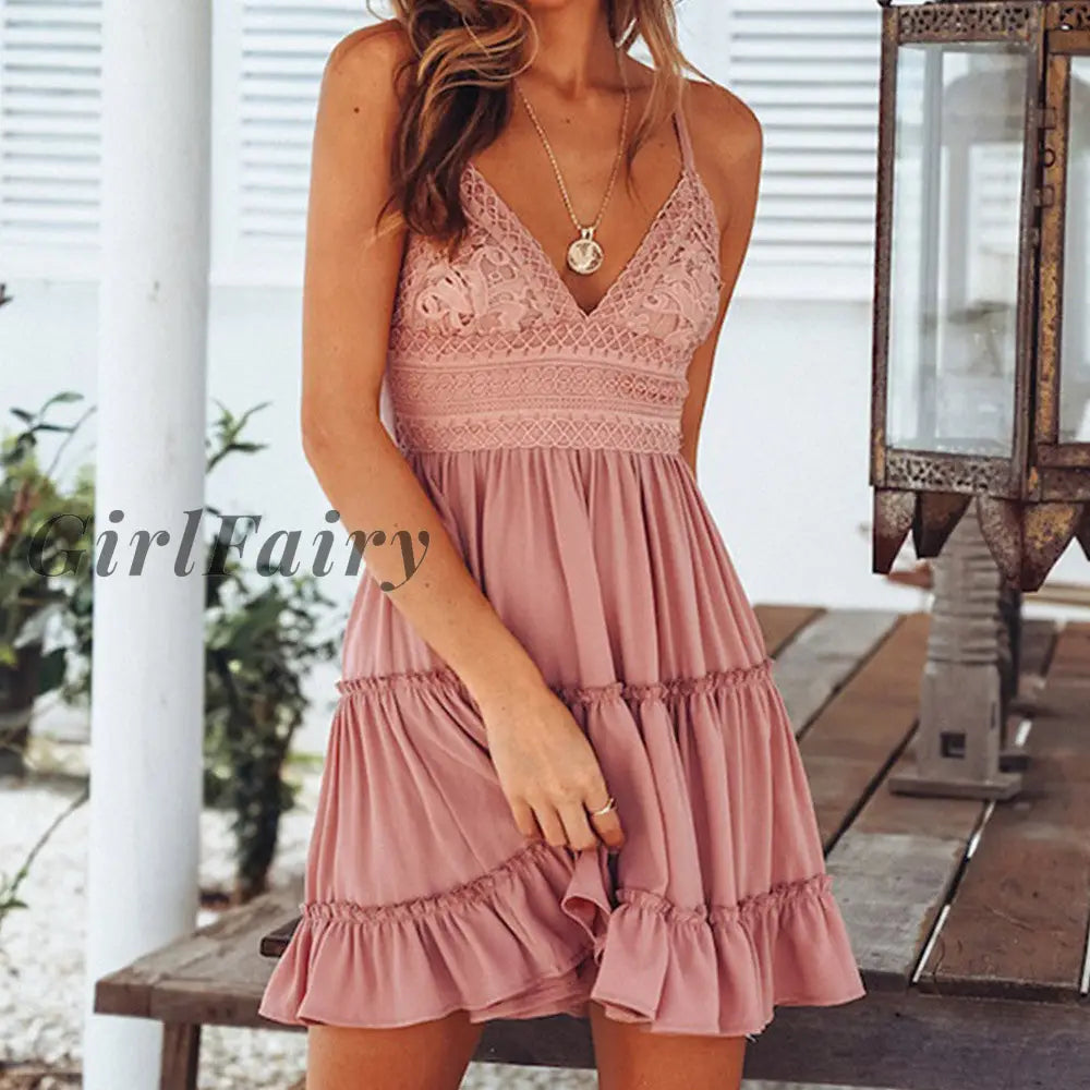Girlfairy Women Sexy Dress Summer Strappy Lace V-Neck Dresses Female Beach Backless Bandage Party