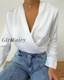 Girlfairy Women Sexy Folds V-Neck Shirt Female Long Sleeve Elegant Solid Office Blouse 2023 New