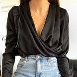 Girlfairy Women Sexy Folds V-Neck Shirt Female Long Sleeve Elegant Solid Office Blouse 2023 New
