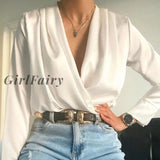 Girlfairy Women Sexy Folds V-neck Shirt Female Long Sleeve Elegant Solid Office Blouse 2023 New Fashion Autumn Streetwear Blouse And Tops