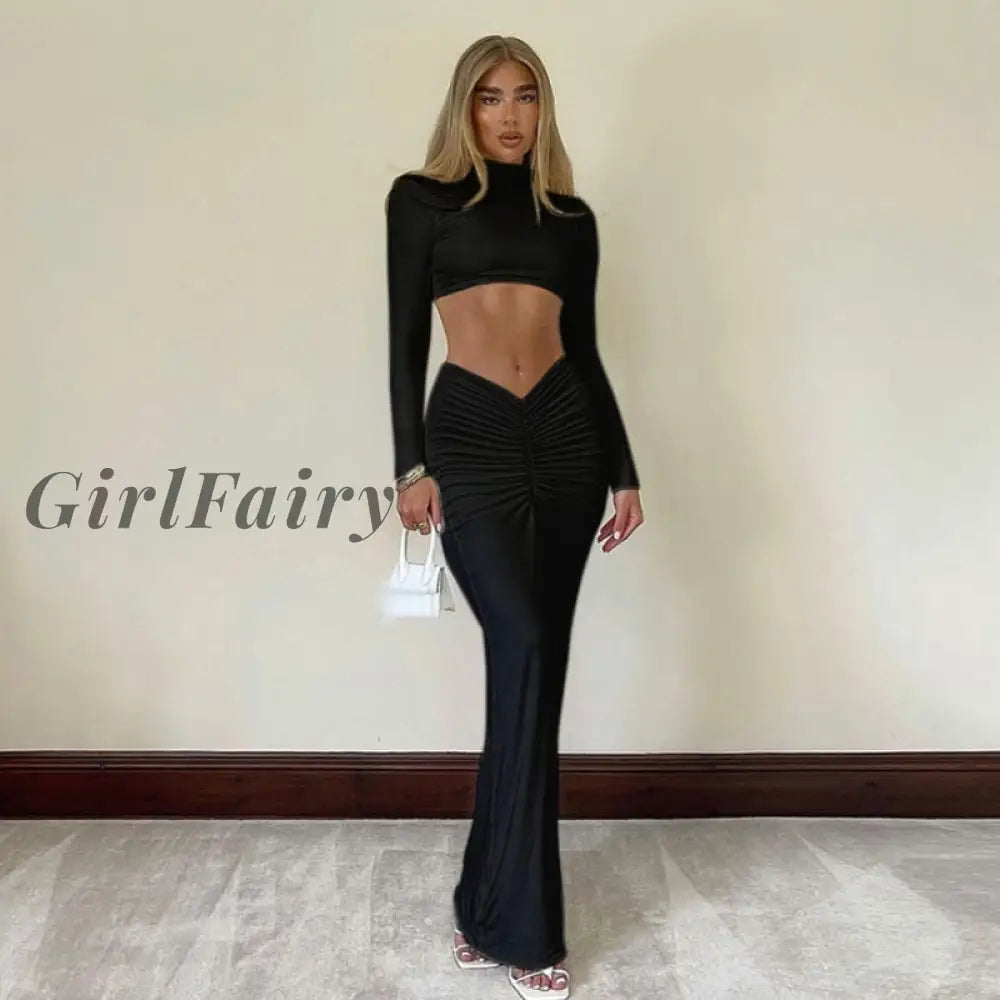Girlfairy Women Sexy Long Sleeve Crop Tops+Ruched Maxi Skirts White 2 Two Piece Sets Party Clubwear