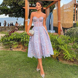 Girlfairy Women Sexy Strapless Printed Lace Dress Female Elegant Sleeveless Banquet Dresses Summer Solid Backless Evening Wear