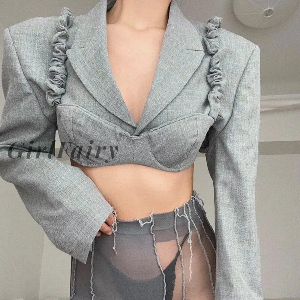 Girlfairy Women Sexy Two-Piece Clothes Set Grey Solid Color Shoulder Pad Suit Jacket And Sweetheart