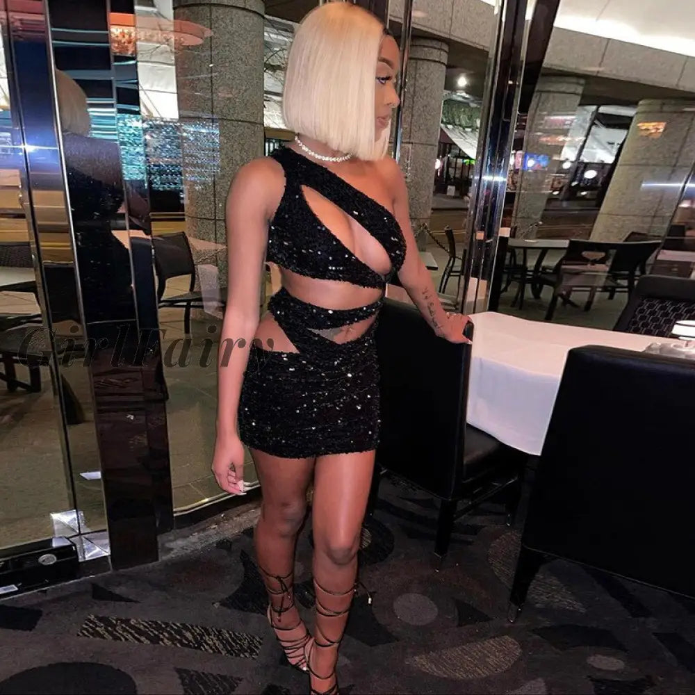 Girlfairy Women Shinny Cut Out Sequined Mini Dress Slant Shoulder Casual Bodycon Dresses 2023 Summer