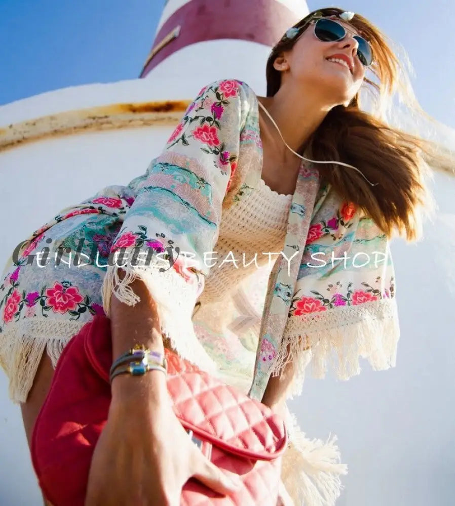 Girlfairy Women Shirts Summer Holiday Boho Floral Print Thin See Through Tassel Half Sleeve Cardigan