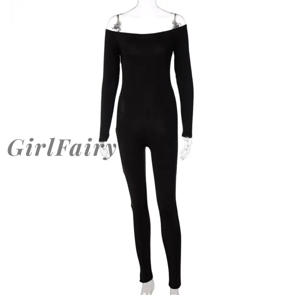 Girlfairy Women Slash Neck Long Sleeve Side Hollow Out Revealing Bodycon Jumpsuit With Buttons Fall