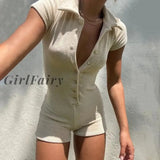 Girlfairy Women Solid Color Shorts Romper Summer Short Sleeve Turn Down Collar Button Up Playsuits