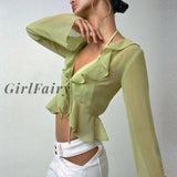 Girlfairy Women Solid Mesh Long Flare Sleeve Bandage Drawstring Crop Top 2023 Autumn Streetwear