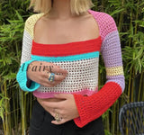 Girlfairy Women Spring Autumn Streetwear Crochet Knit Crop Tops Long Sleeve Square Collar Color