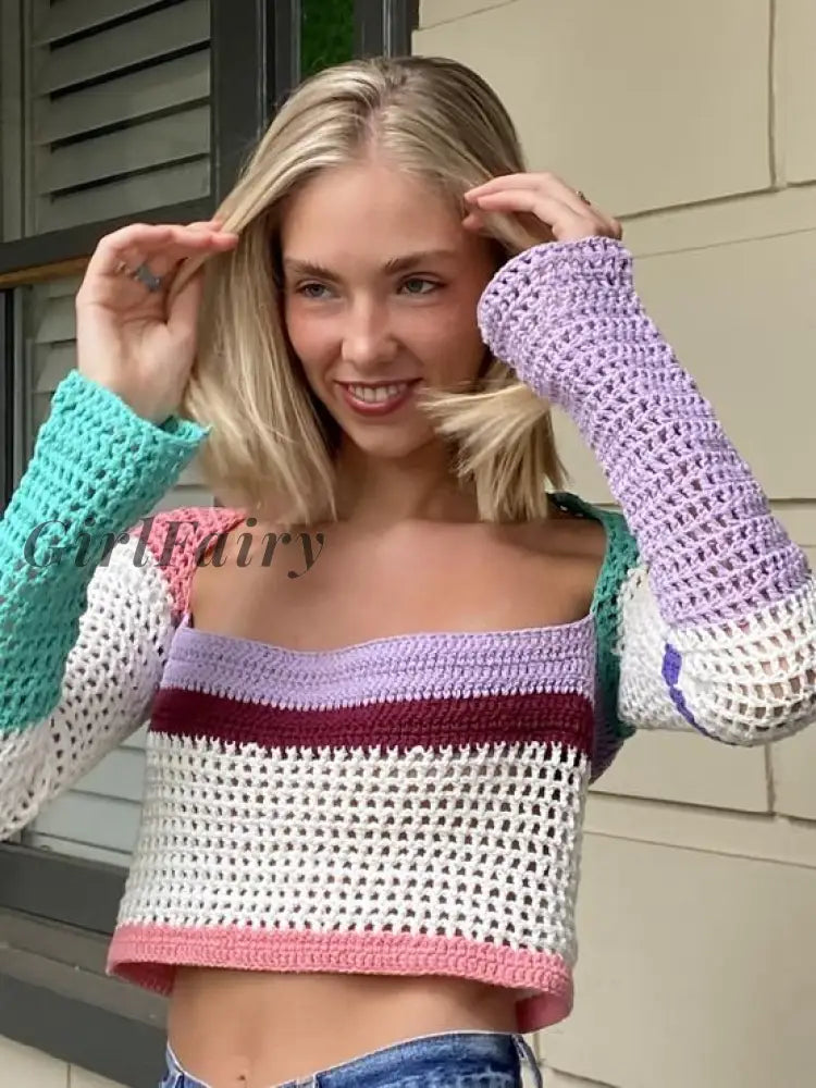 Girlfairy Women Spring Autumn Streetwear Crochet Knit Crop Tops Long Sleeve Square Collar Color