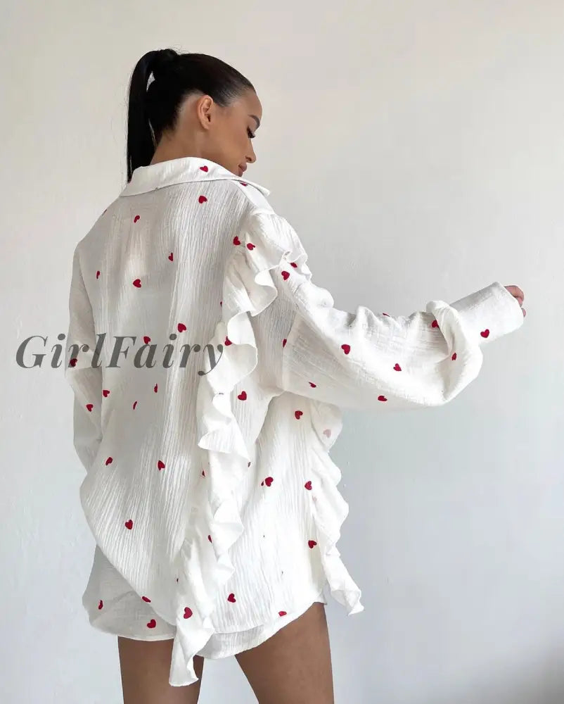 Girlfairy Women Spring Summer 100% Cotton Shirts Suit Office Lady Long Sleeve Loose Shirt + Shorts 2