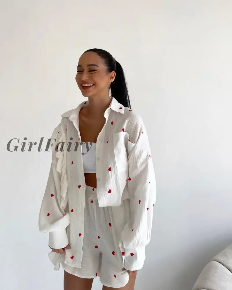 Girlfairy Women Spring Summer 100% Cotton Shirts Suit Office Lady Long Sleeve Loose Shirt + Shorts 2