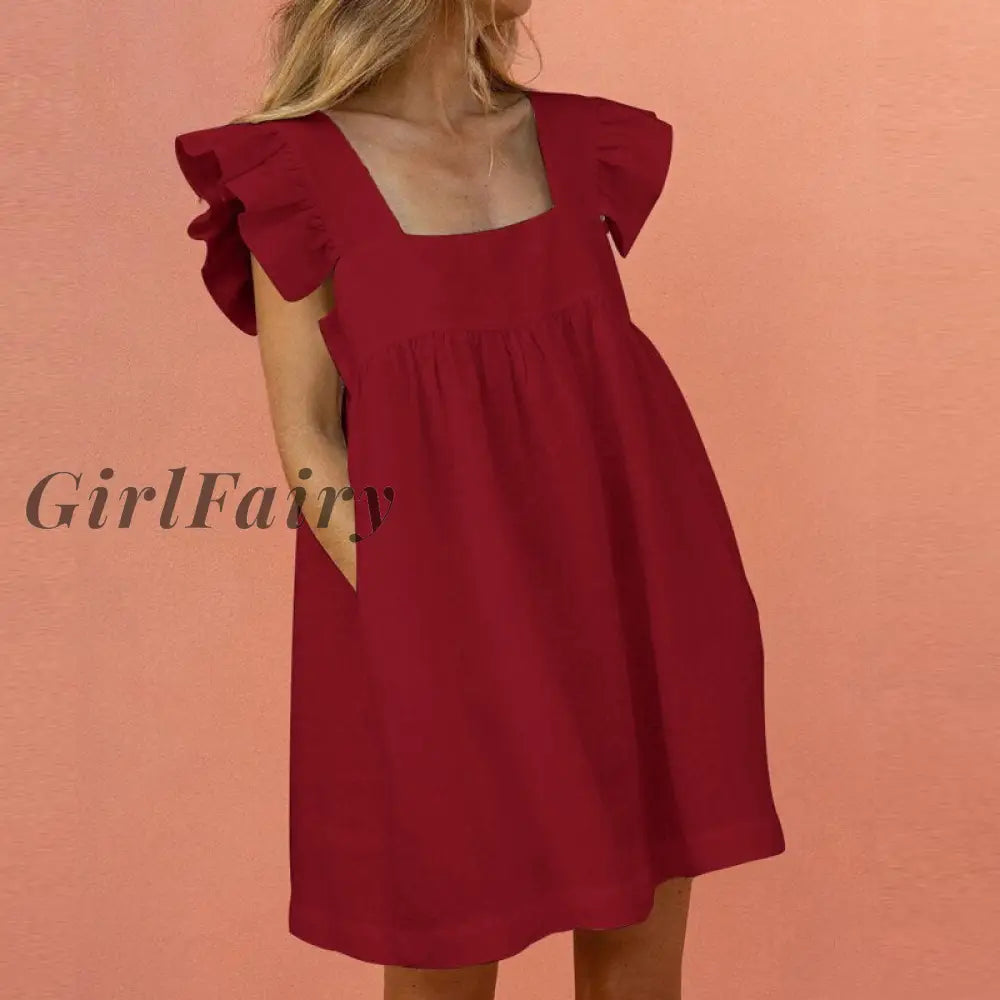 Girlfairy Women Square Collar Mini Dress 2023 Summer Solid Butterfly Sleeve Sweet Casual Pockets