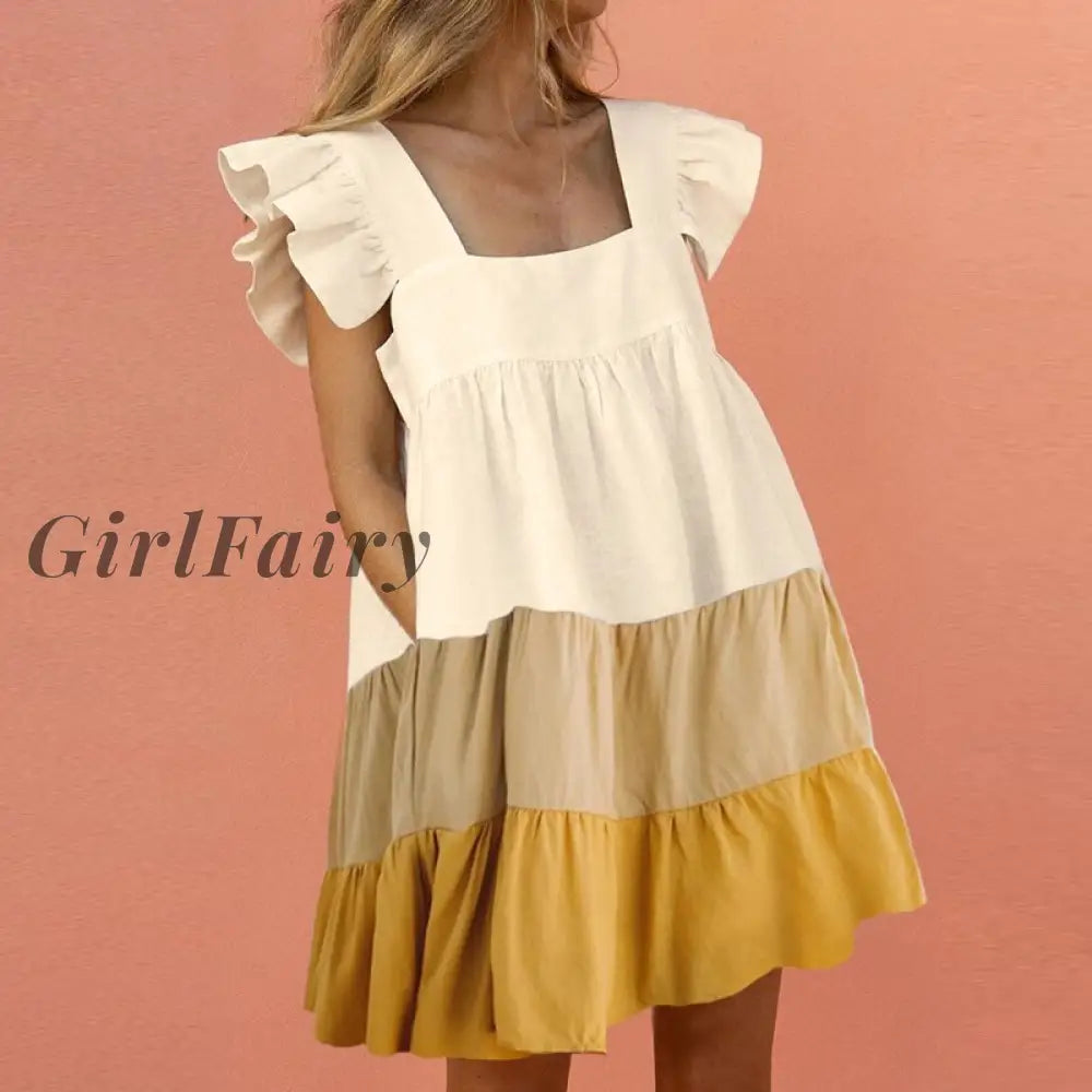 Girlfairy Women Square Collar Mini Dress 2023 Summer Solid Butterfly Sleeve Sweet Casual Pockets